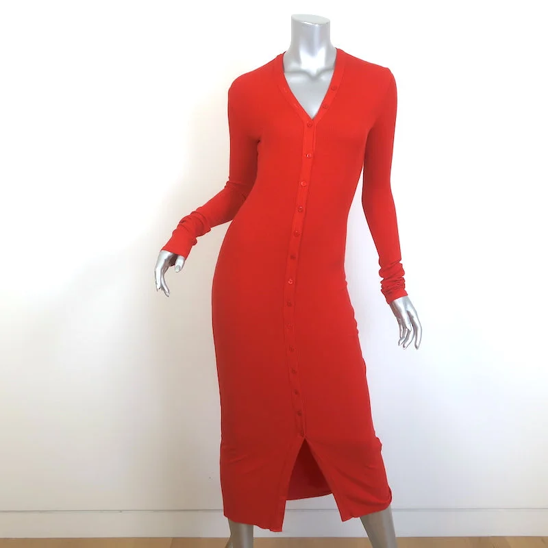 Enza Costa Long Sleeve Cardigan Midi Dress Red Silk-Blend Rib Knit Size Small Print Jacquard Patchwork