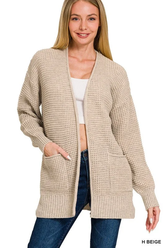 Find Your Roots Heather Beige Waffle Knit Pocket Cardigan (Size Large) Wool Fabric Cashmere Fabric Tweed Fabric