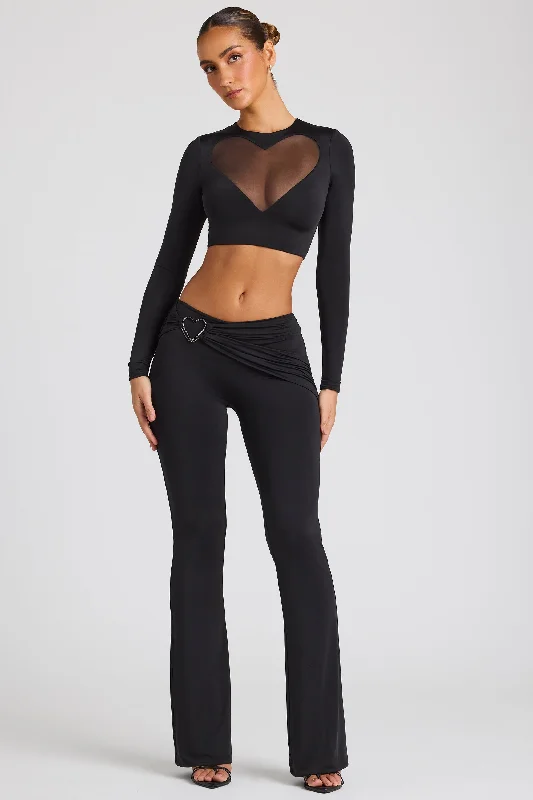 Draped Detail Straight Leg Trousers in Black High Waist Slim Fit Ankle Length