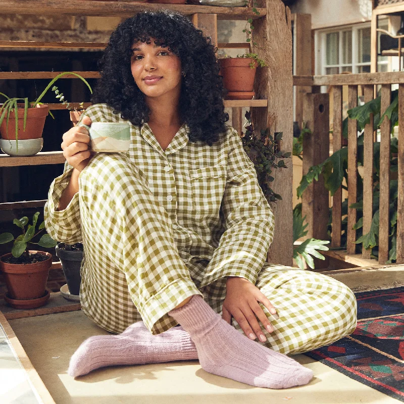 Botanical Green Gingham Linen Pyjama Trousers Trousers Seasonal Trendy