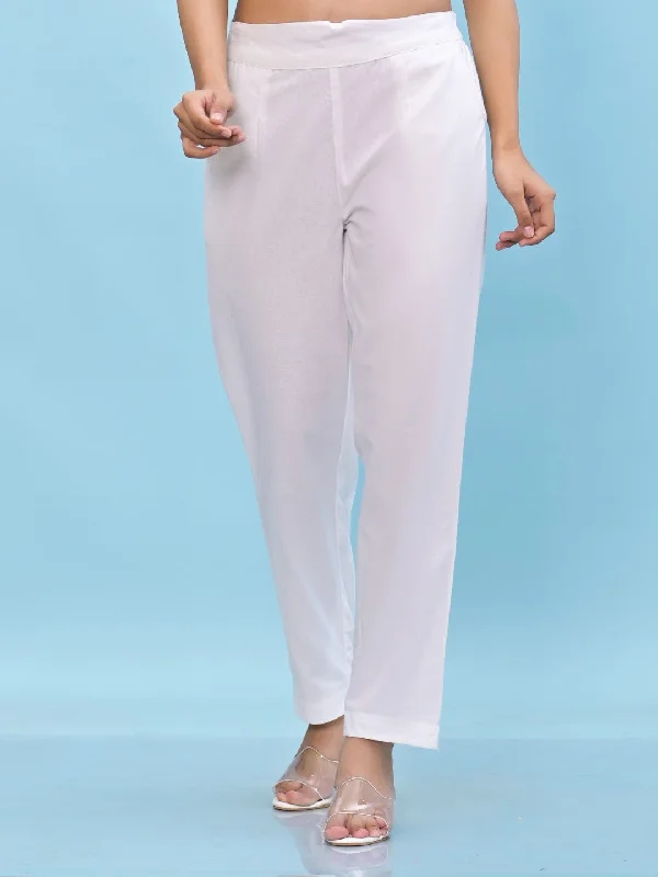 Women White Solid Cotton Pants With Partially Elasticated Waistband And Two Side Pockets Relaxed Fit Trousers