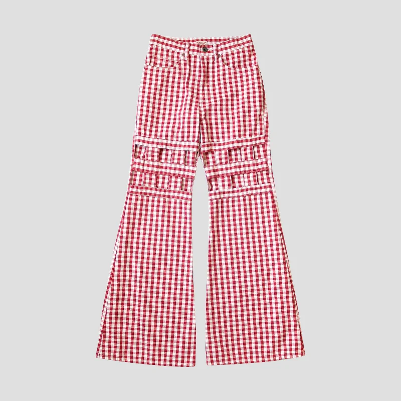 CANVAS GINGHAM CHECK 5P WINDOWPANE FLARE PANTS LADIES Stylish Casual Pants