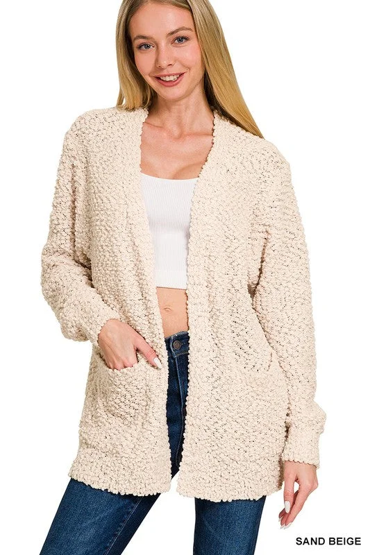 Morning Coffee Sand Beige Popcorn Detail Open Cardigan (Size Medium) Fitted Loose Oversized