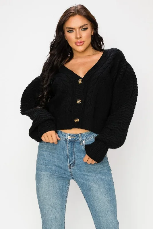 Black Cable Knit Short Cardigan Sweater Lightweight Heavyweight Midweight