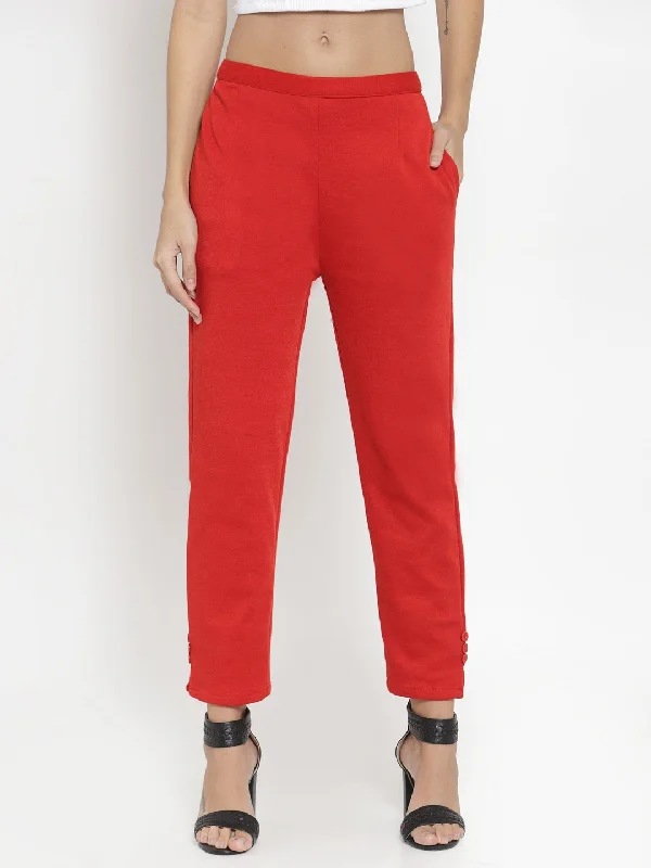 Women'S Red Woolen Pencil Pant Formal Linen Trousers