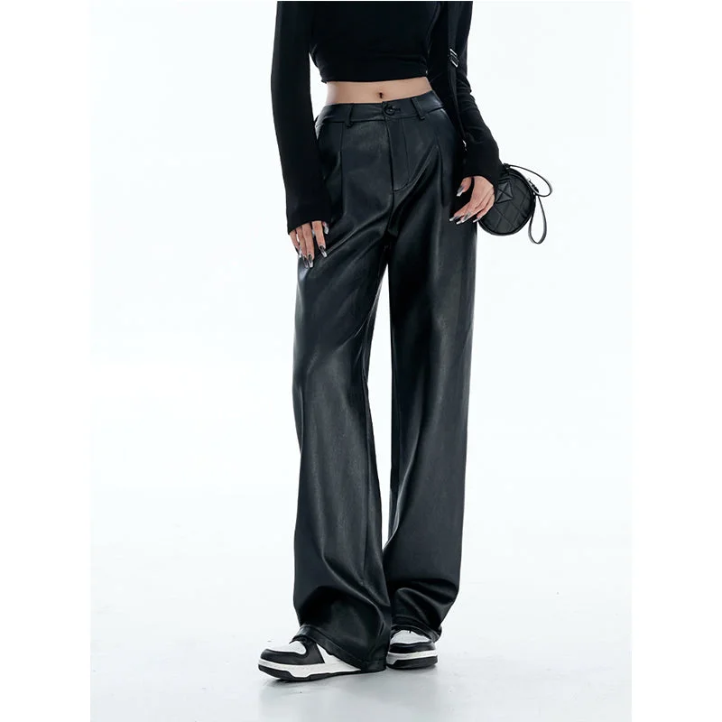 Straight Casual Pants PU Leather Loose Pants Casual Yoga Pants