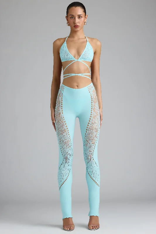 Embellished Mid-Rise Flared Trousers in Ice Blue Trousers trendy modern