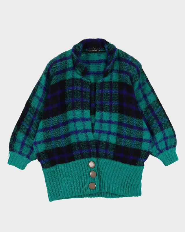 1990s Green Tartan Patterned Chunky Knitted Cardigan - L Asymmetrical,ymmetric Pencil Cardigan