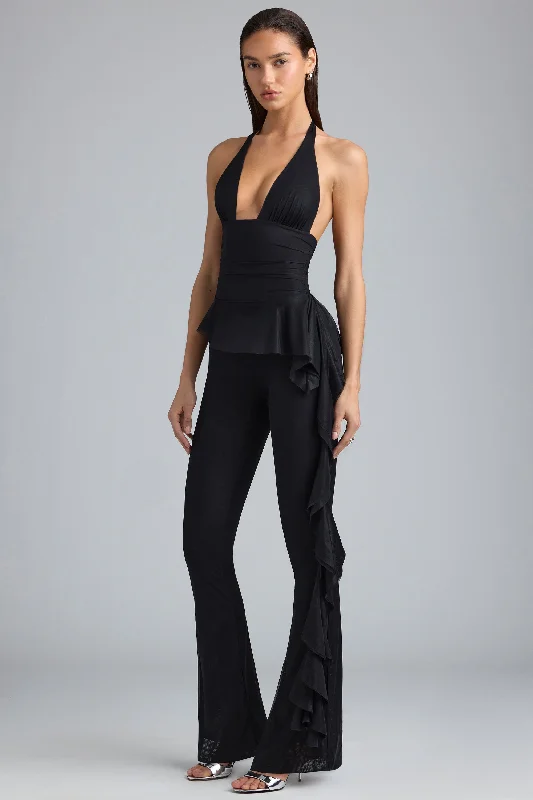 Tall Metallic Ruffle Low-Rise Flared Trousers in Black Trousers fashionable chic