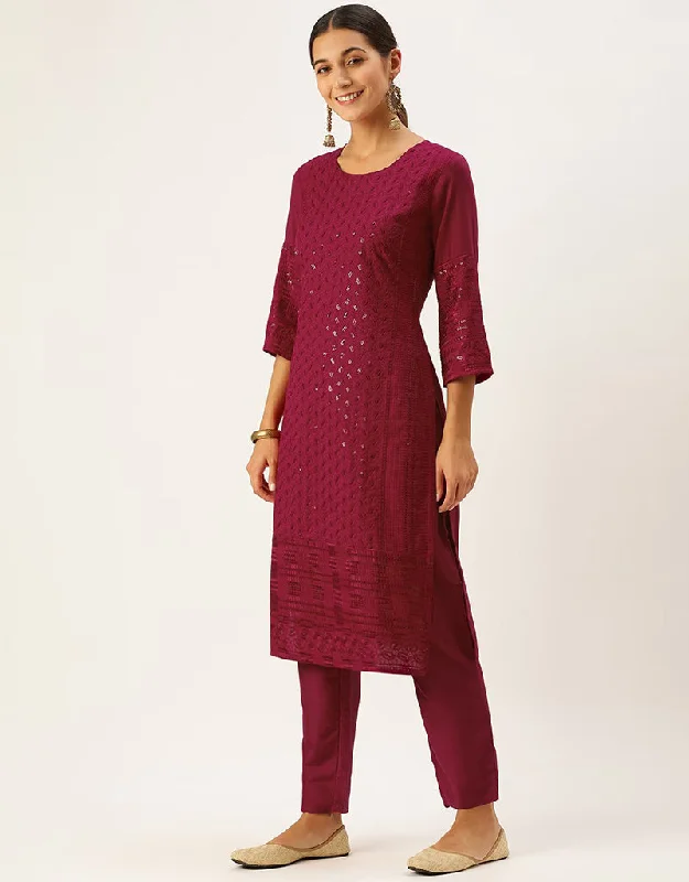 Fashionable Falu Red Chinon Silk Sequinned Kurta With Trousers Straight Design Pant Wide Leg Loose Fit Mid Waist