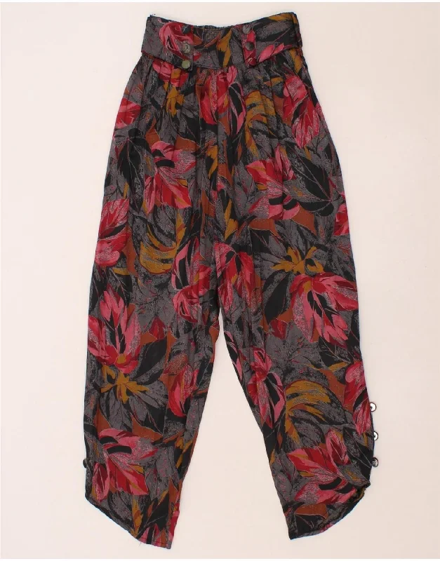 VINTAGE Womens Pegged Casual Trousers W24 L24 Grey Floral Polyester Trousers sophisticated sleek