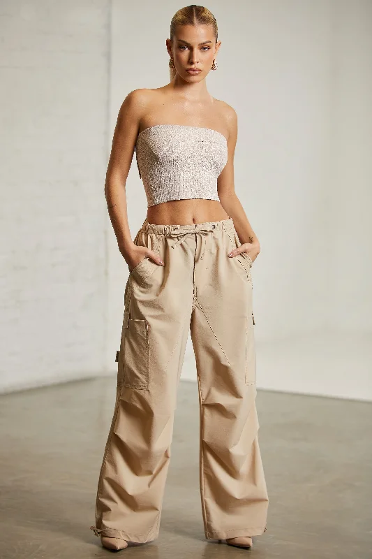 Wide Leg Cargo Trousers in Beige Trousers Review Highly