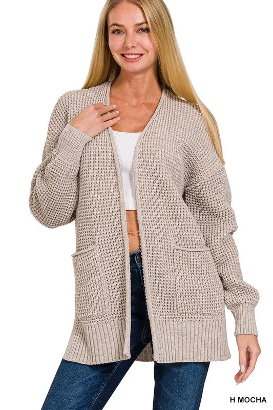 Find Your Roots Heather Mocha Waffle Knit Pocket Cardigan Welt Pockets Slit Pockets Flap Pockets