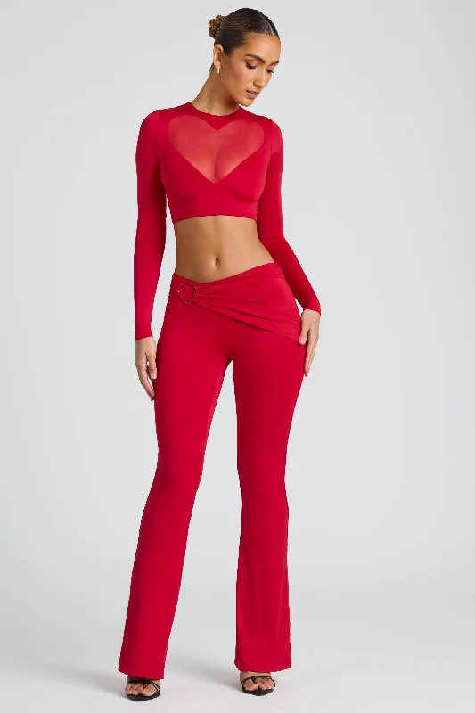 Draped Detail Straight Leg Trousers in Fire Red Trousers Low Rise Relaxed