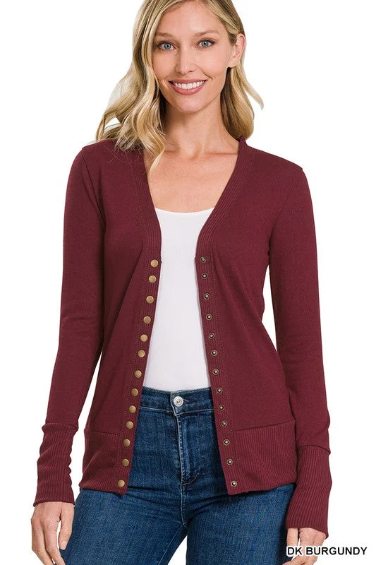 Oh Snap Dark Burgundy Ribbed Snap Closure Cardigan-LS Long Cardigan Short Cardigan Medium Cardigan