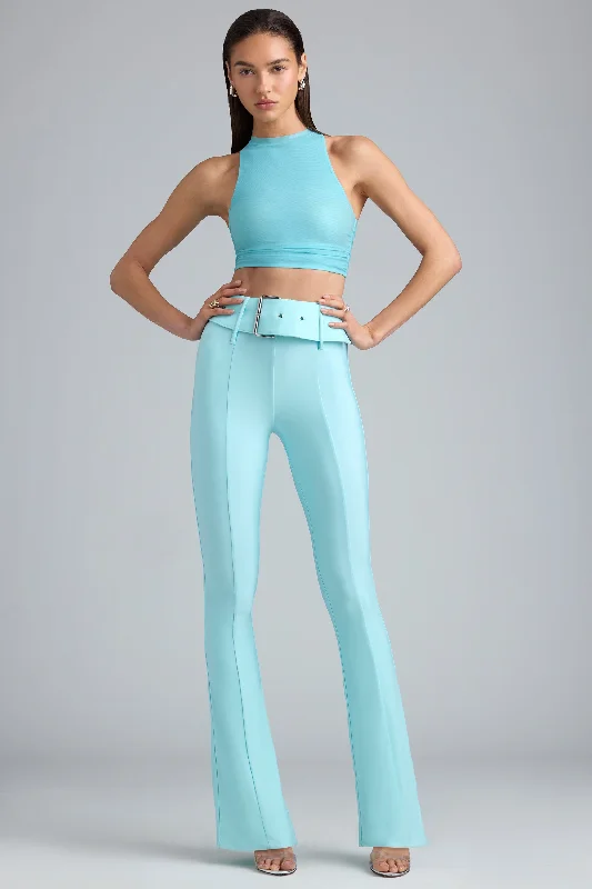 Petite Metallic Belted Mid-Rise Flared Trousers in Ice Blue Trousers Pleated Formal