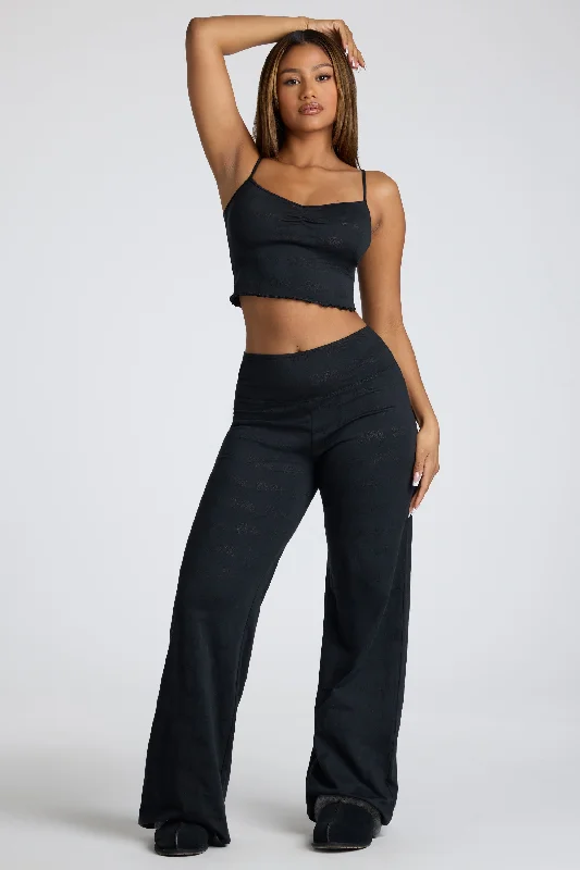 Mid Rise Straight Leg Pointelle Trousers in Black Trousers Gym Athletic