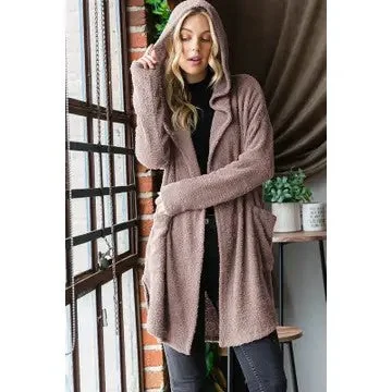 Dreaming Again Dark Mocha Hooded Open Cardigan Chenille Fabric Brocade Fabric Lace Fabric