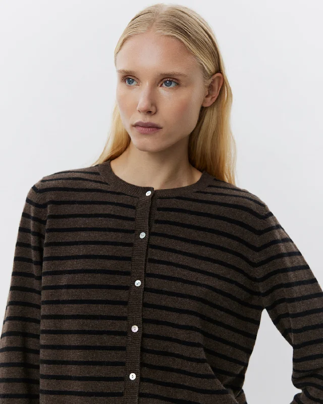 CISSESW STRIPE CARDIGAN - Dark Brown Black striped Fitted Slim Tailored