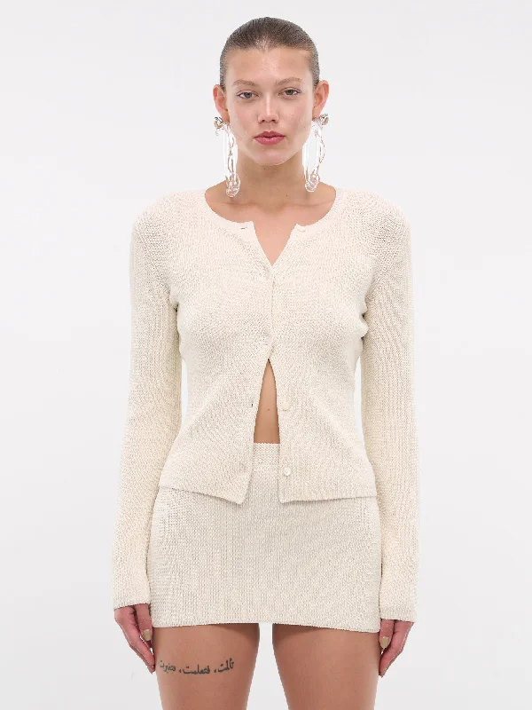 Eris Cardigan (RIS-OFF-WHITE) Denim Fabric Leather Fabric Suede Fabric