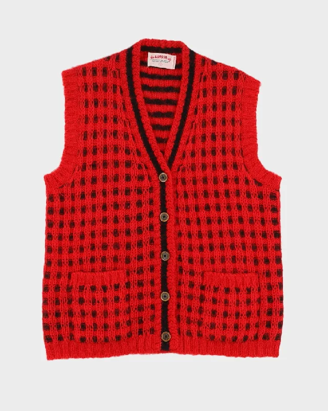 1990s Red Knitted Sleeveless Cardigan - M Nylon Fabric Polyester Fabric Spandex Fabric