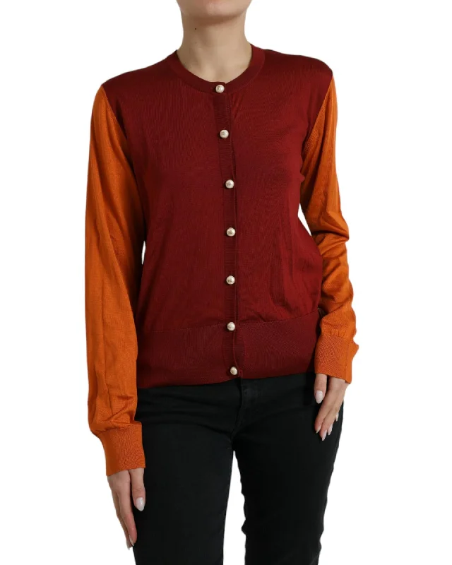 Dolce & Gabbana  Women's Color Block Knitwear Cardigan - Red Orange Zippered Front Buttoned Front Snap Front