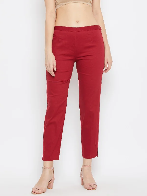 Women Maroon Regular Fit Solid Pants High-Waist Jeans