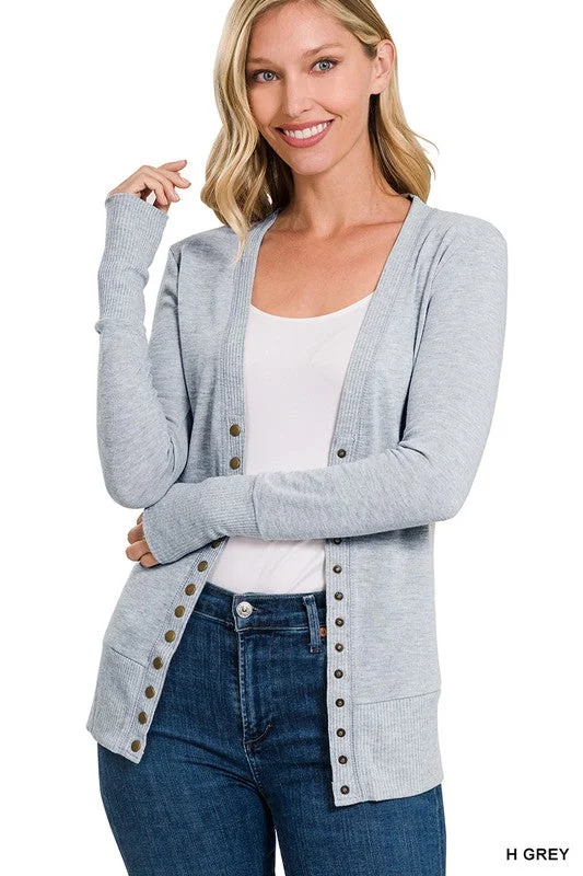 Oh Snap Heather Grey Ribbed Snap Closure Cardigan-LS Cardigan Knitwear Sweater