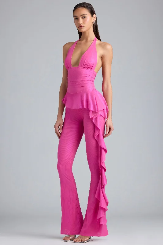 Petite Metallic Ruffle Low-Rise Flared Trousers in Bubblegum Pink Trousers luxurious high-end