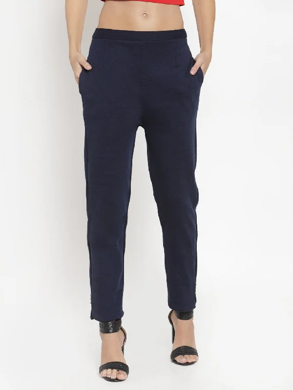 Women'S Navy Blue Woolen Pencil Pant - Creation Classic Stretch Pants