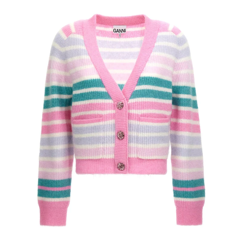 Ganni Soft Wool Cardigan Stripe Sweater 'Multicolor' Terry Blend Velvet Blend Canvas Blend