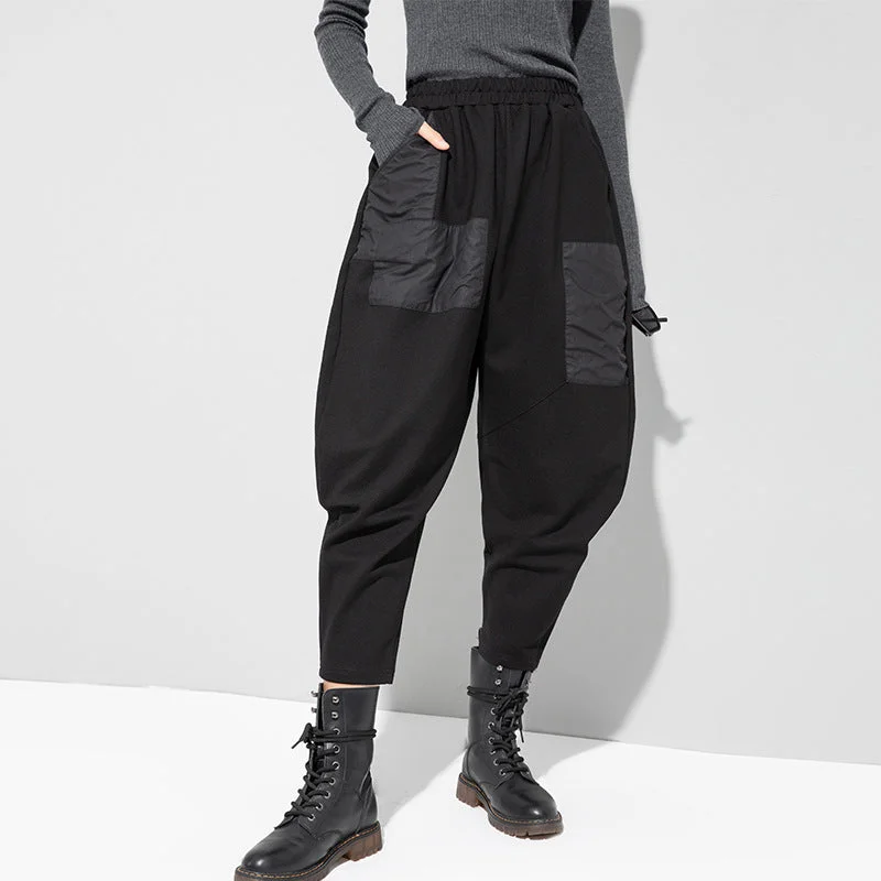 Casual Patchwork Pocket Harem Pants Fashionable Tapered Leg Pants