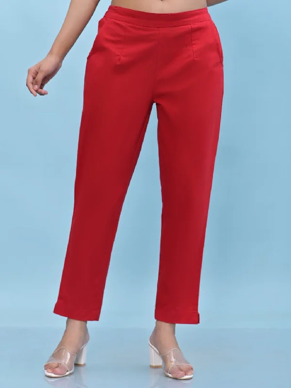 Women Red Solid Cotton Pants With Partially Elasticated Waistband And Two Side Pockets High-Waist Jeans