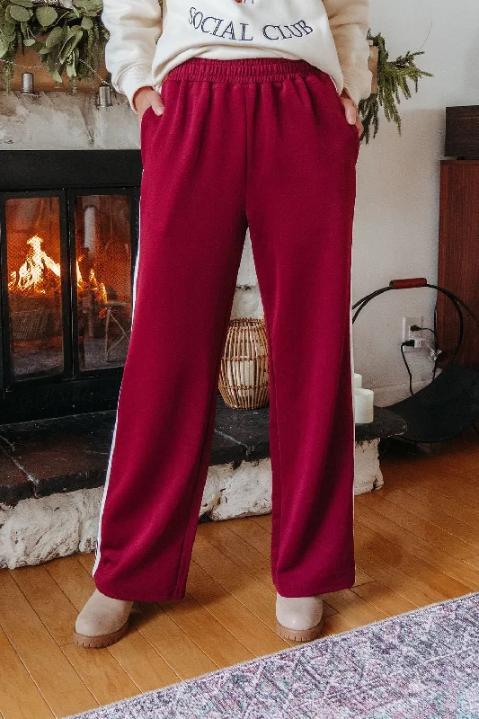 Burgundy Striped Athleisure Pants Trendy Wide-Leg Pants