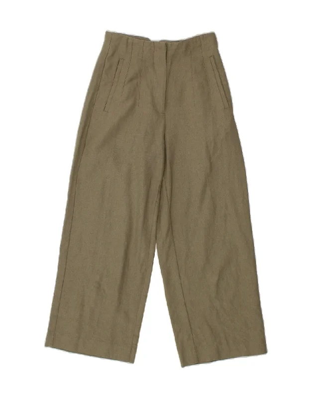 ZARA Womens Wide Leg Casual Trousers XS W24 L24 Khaki Cotton Trousers Custom Made