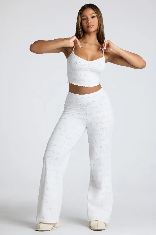 Mid Rise Straight Leg Pointelle Trousers in White Trousers chic fashionable