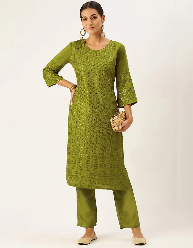 Modern Olive Chinon Silk Sequinned Kurta With Trousers Straight Design Pant Skinny Trousers Denim Stretchy