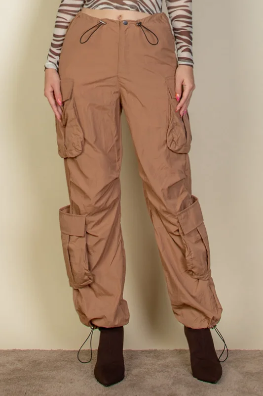 Parachute Pants with Ruched Drawstring Waist and Flap Pockets Elegant Silk Pants