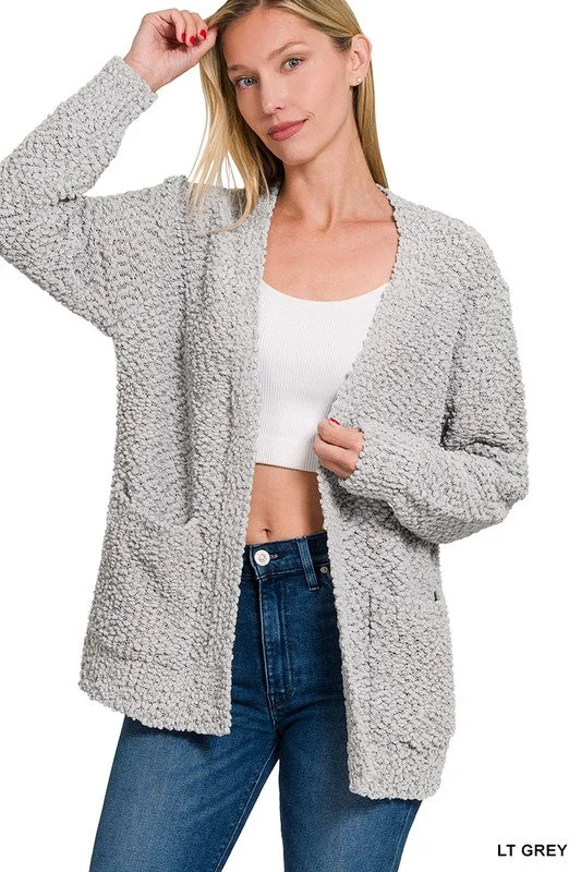 Morning Coffee Light Grey Popcorn Detail Open Cardigan Tailored Straight A-Line