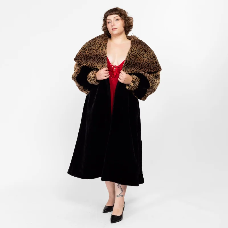 1X 80s Does 50s Faux Fur Leopard Print Hooded Maxi Princess Coat Minimalist Wool Duster