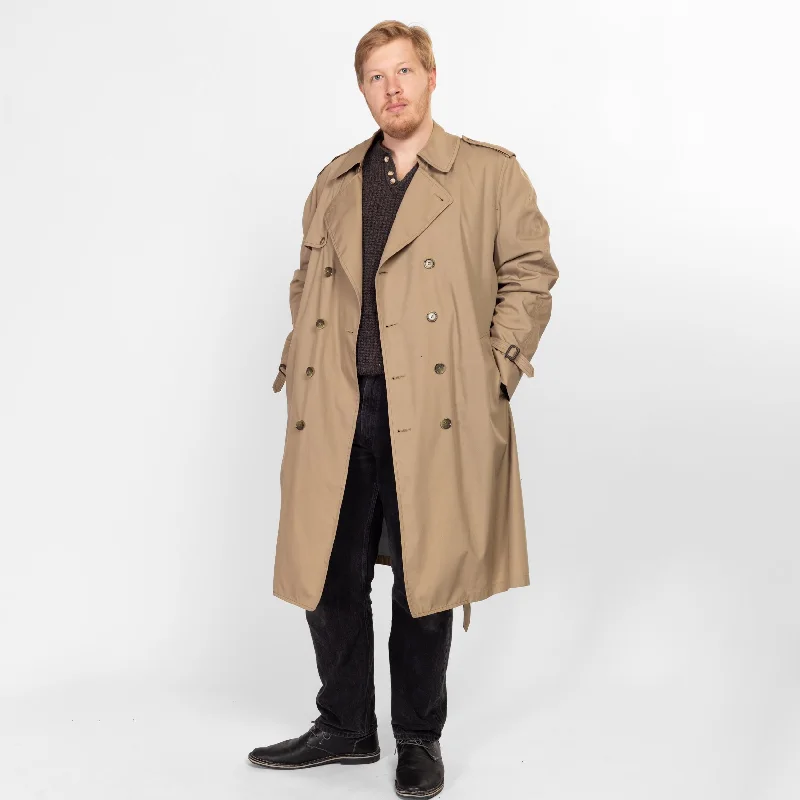 2X 80s London Fog Maincoats Khaki Belted Trench Coat 54 Long Double-Breasted Trench