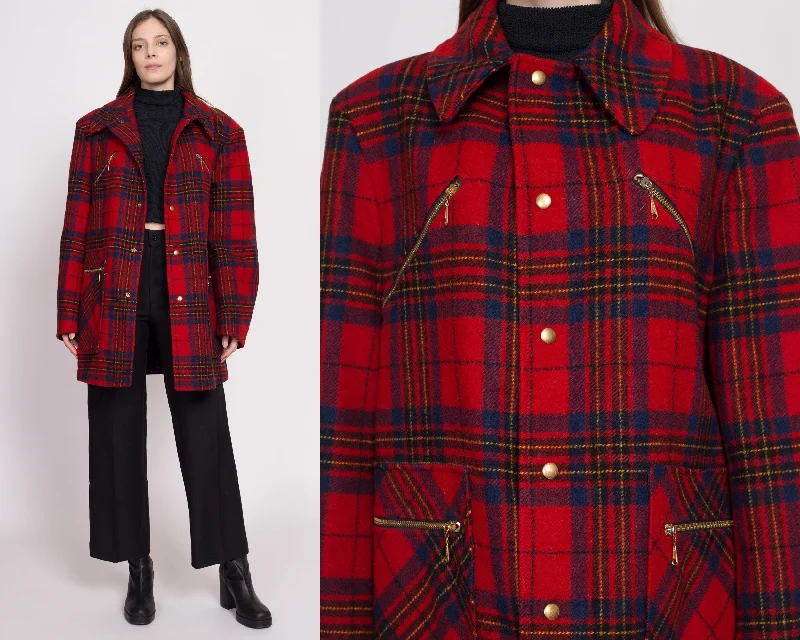 50s 60s Pendleton Red Plaid Wool Coat - Large Double-Layered Poncho