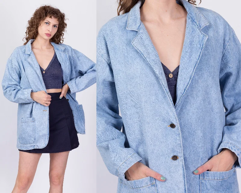 80s Light Wash Denim Chore Coat - Large Cropped Fleece Jacket