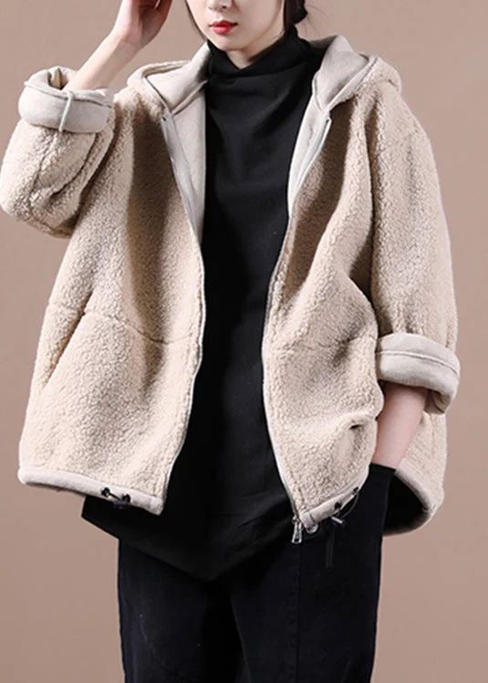 Apricot Drawstring Faux Fur Hooded Coats Fall Military-Inspired Jacket