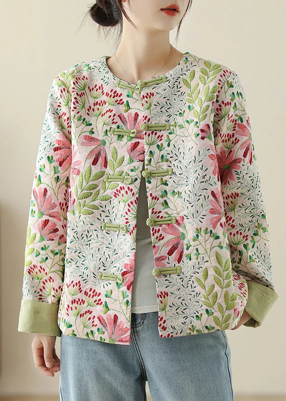 Art Green Embroidered Button Cotton Coats Fall Soft Cashmere Wrap