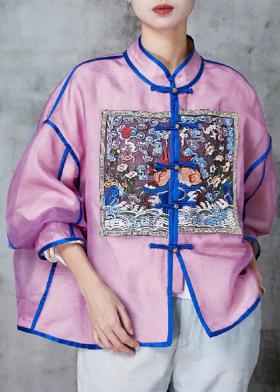 Art Purple Embroidered Chinese Button Silk Coats Spring Soft Thermal Overcoat