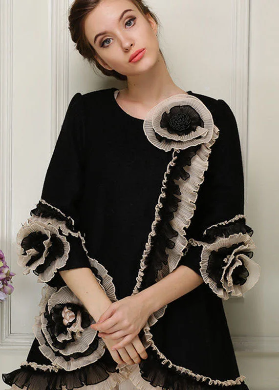 Beautiful Black O-Neck Nail Bead Floral Woolen Coats Bracelet Sleeve Puff Sleeve Blazer