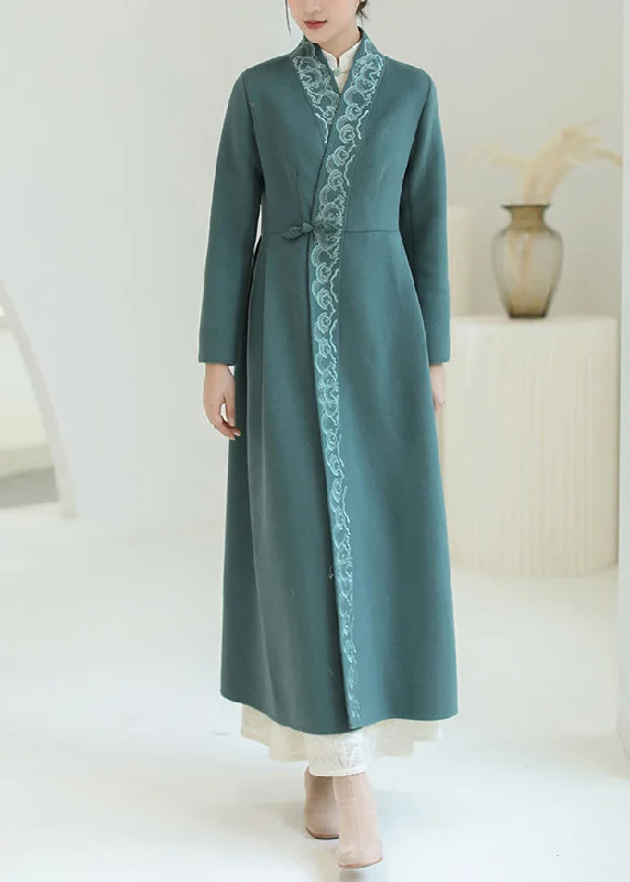 Beautiful Green Embroideried Chinese Button Woolen Trench Coats Winter Chic Winter Coat