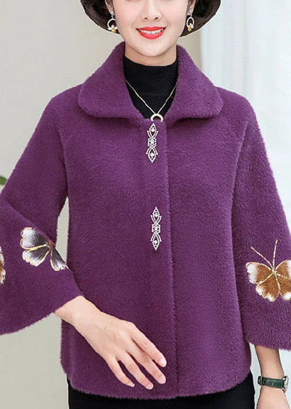 Beautiful Purple Square Collar Floral Mink Hair Knitted Coats Winter Draped Longline Jacket