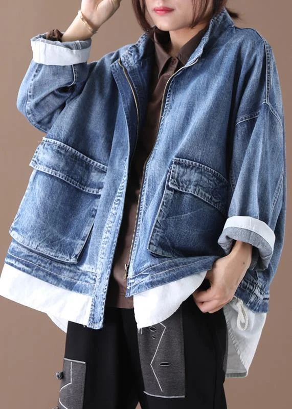 Beautiful stand collar zippered Fine crane coats denim blue Art women coats Hooded Puffer Anorak